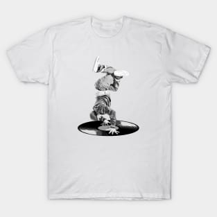 Break Dancer on a Vinyl Record, Black & White T-Shirt